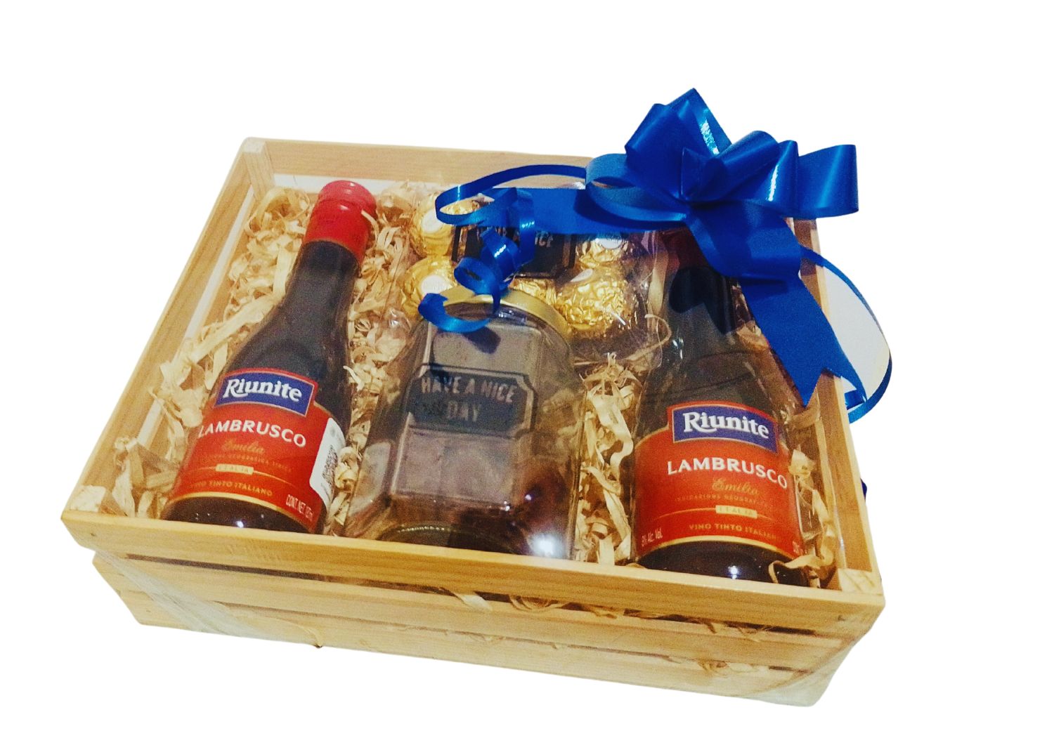 regalo huacalito con vino riunite y ferrero rocher para todo motivo