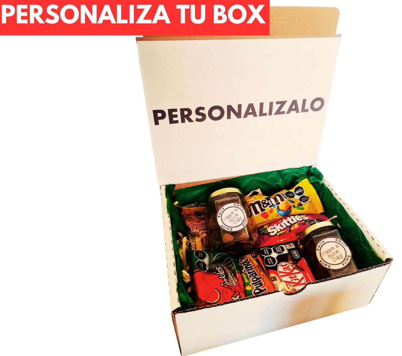 box personalizada con tu frase o imagen dulces M&M, skittles Kit Kat y frasco con gomitas y pasitas