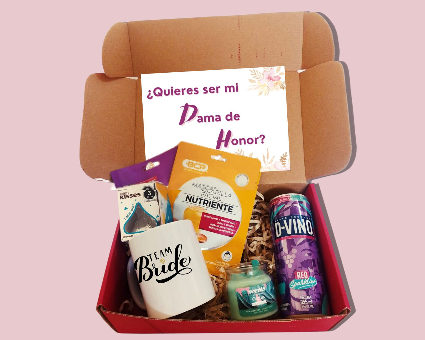regalos para damas de honor, bridesmaid kit vino mascarilas y chocolate y vela taza