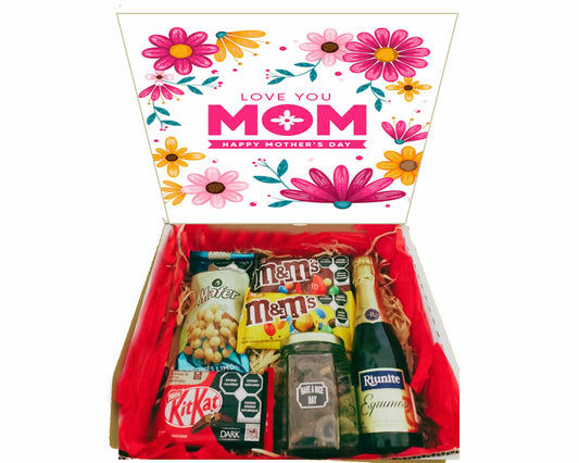 box mom con vino espumoso m&M pretzels, sorpresa regalo de dia de las madres