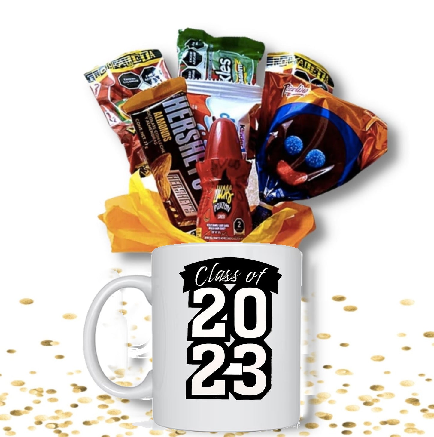 taza de graduacion 2023 con bouquet de dulces