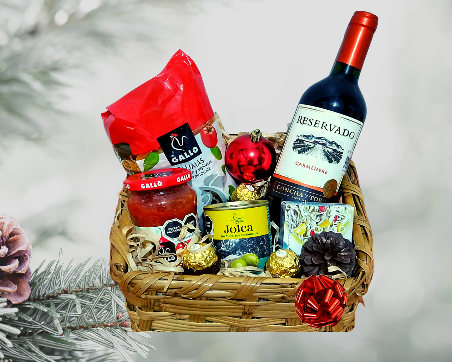 Canasta Navideña con Vino Tinto Chileno pasta salsa de tomate aceitunas y lata de angulas Canastas y Arcones navideños empresariales a domicilio