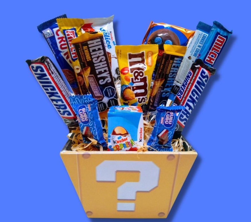 bouquet de dulces con bloque de super mario para cualquier ocasion cumpleaños amor chocolates super mario bros bloque de interrogacion flores amarillas