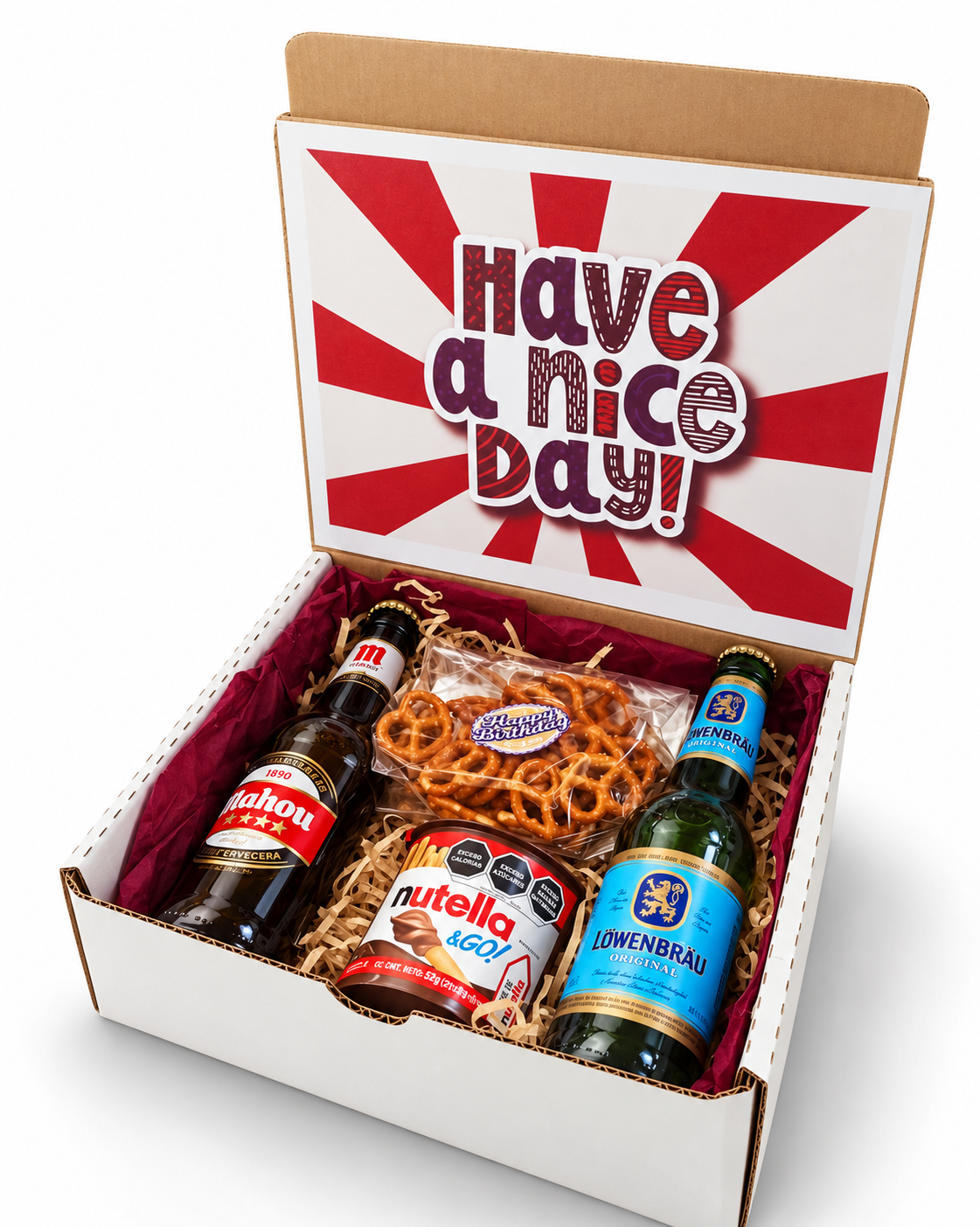 box con un par de cervezas importadas palitos de nutella y pretzels salados regalo corporativo ejeuctivo