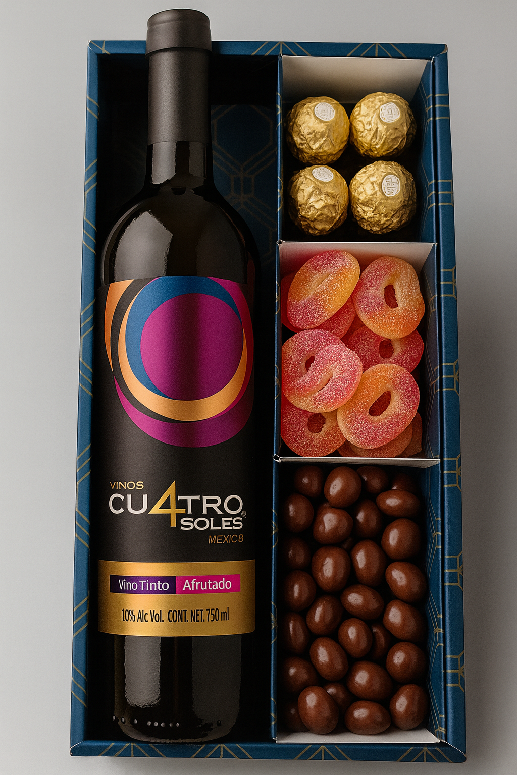 Box vino gomitas chocolates pasas regalo ejecutivo
