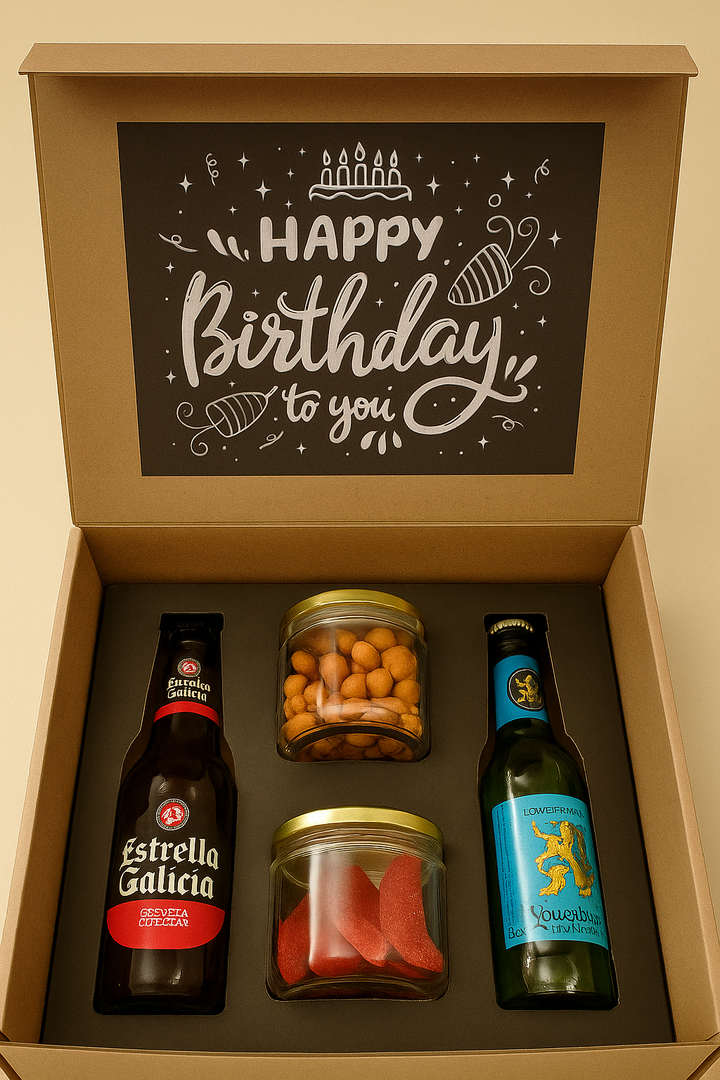 Box cumpleaños con cerveza importada y botanas gourmet
