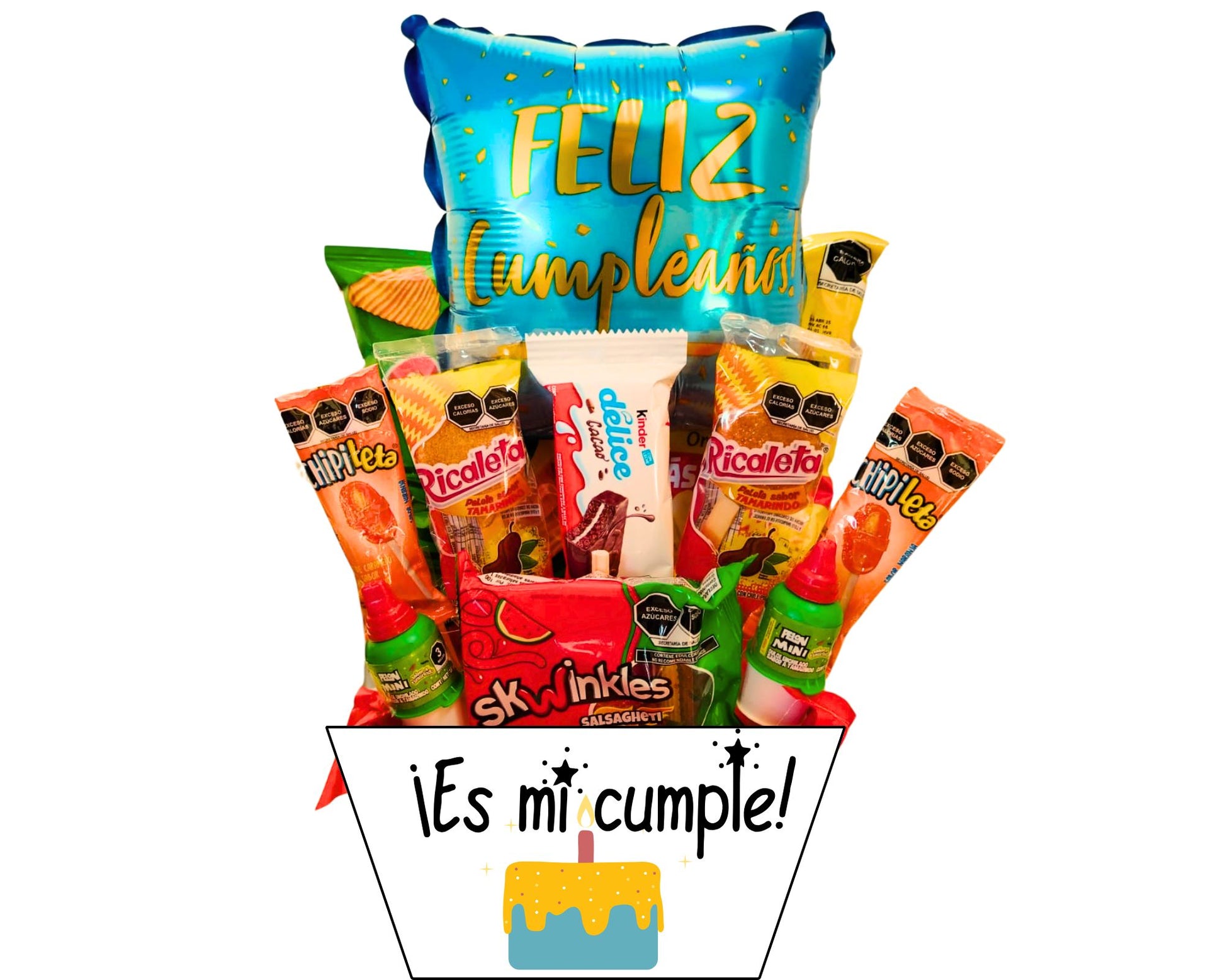 Candybouquet con kinder delice, skiwinkle, chilipiletaas y rockaletas y papas sabritas