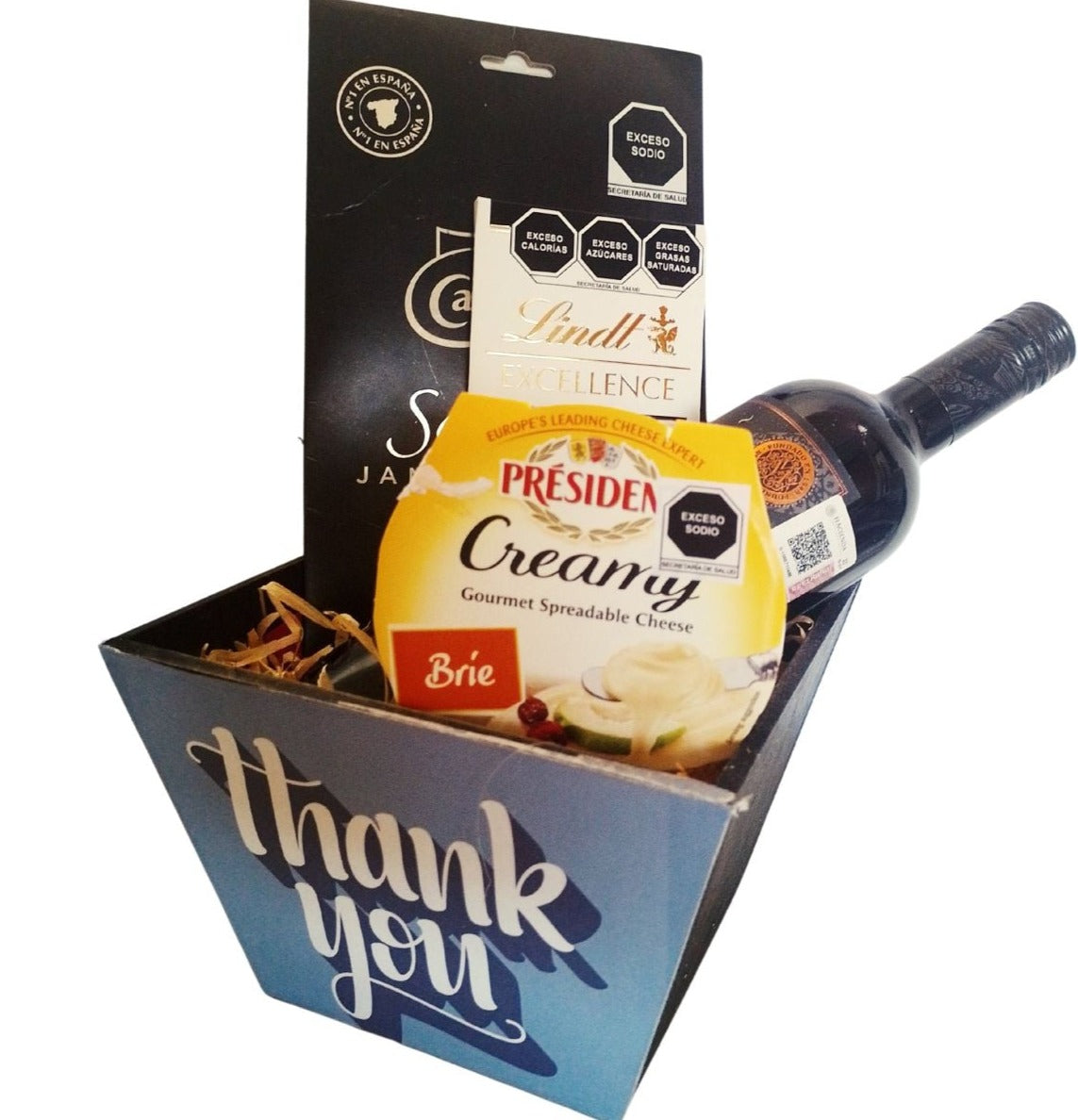 regalo gourmet queso brie jamon serrano chocolate lindt vino tinto ideal para agradecer, reconocer su labor o celebrar un logro regalo