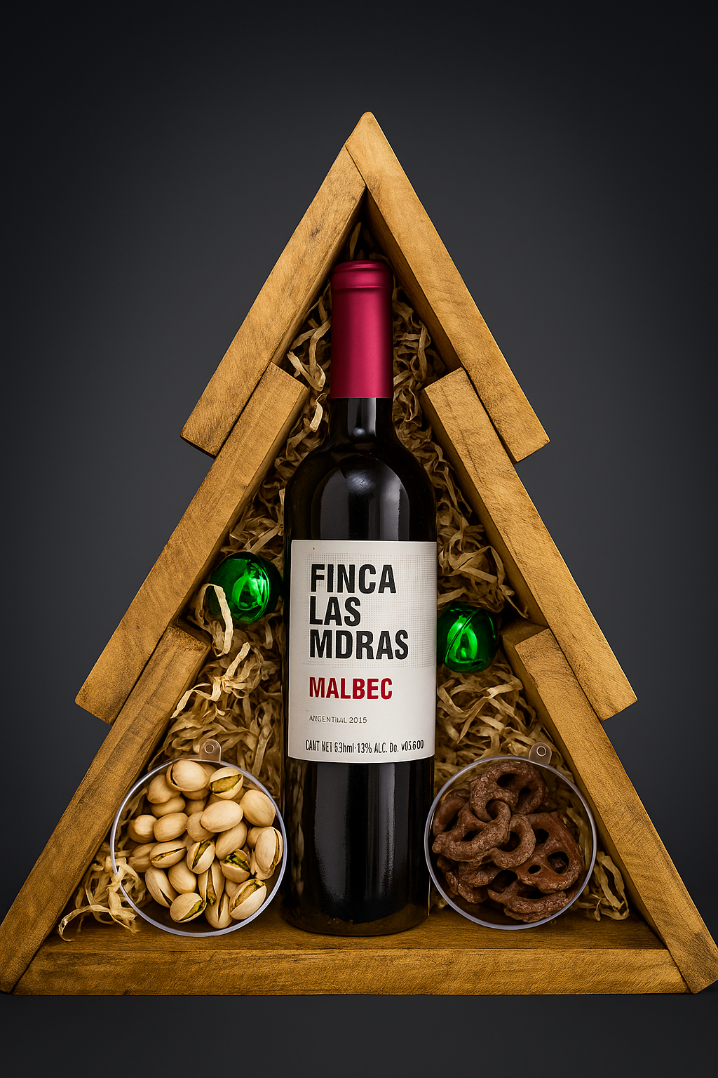 pino de madera navideño vino botanas pretzels chocolate
