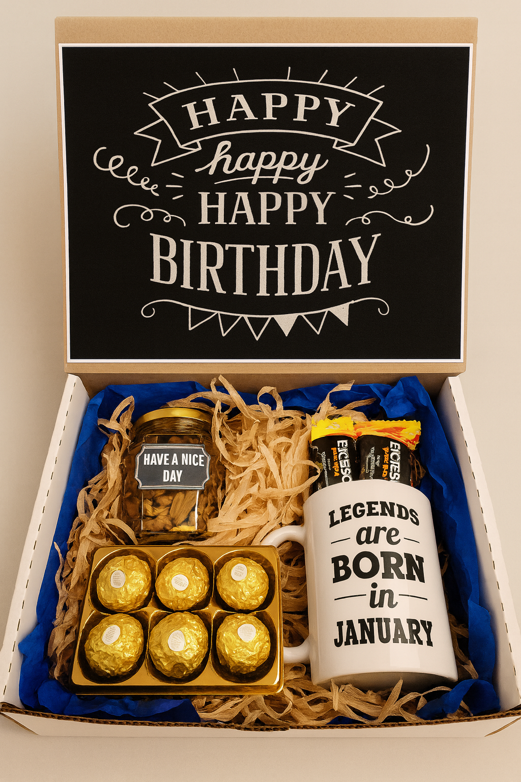 box taza personaliada con chocolates y frasco de botanas regalos de cumpleaños para hombre