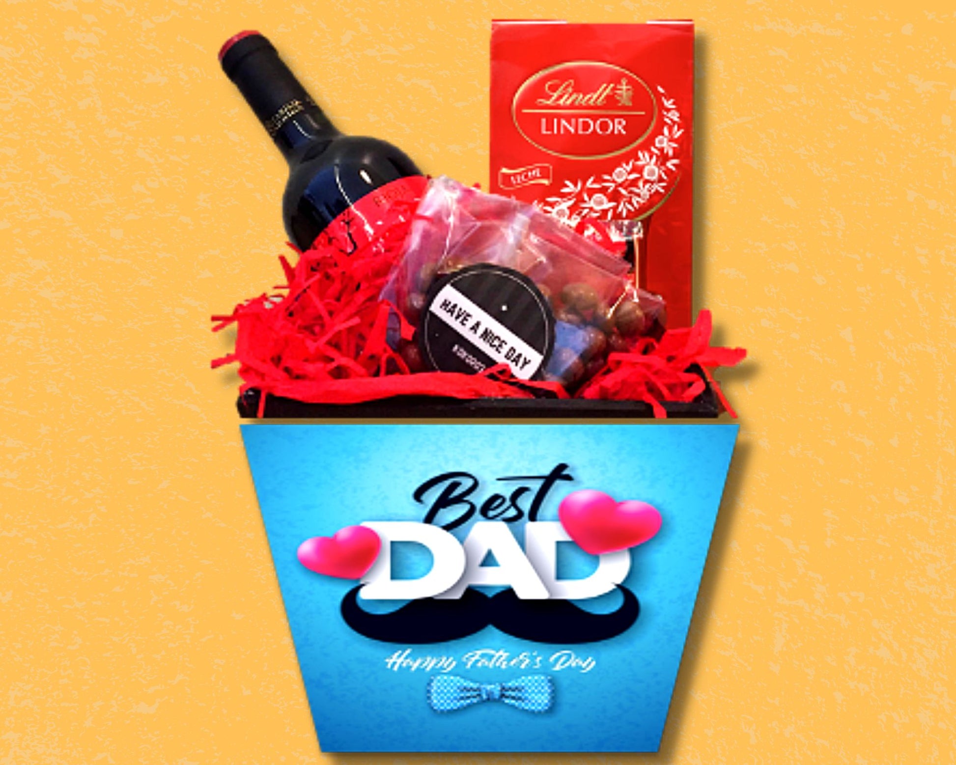 box con vino chocolates y pasitas con chocolate para dia del padre