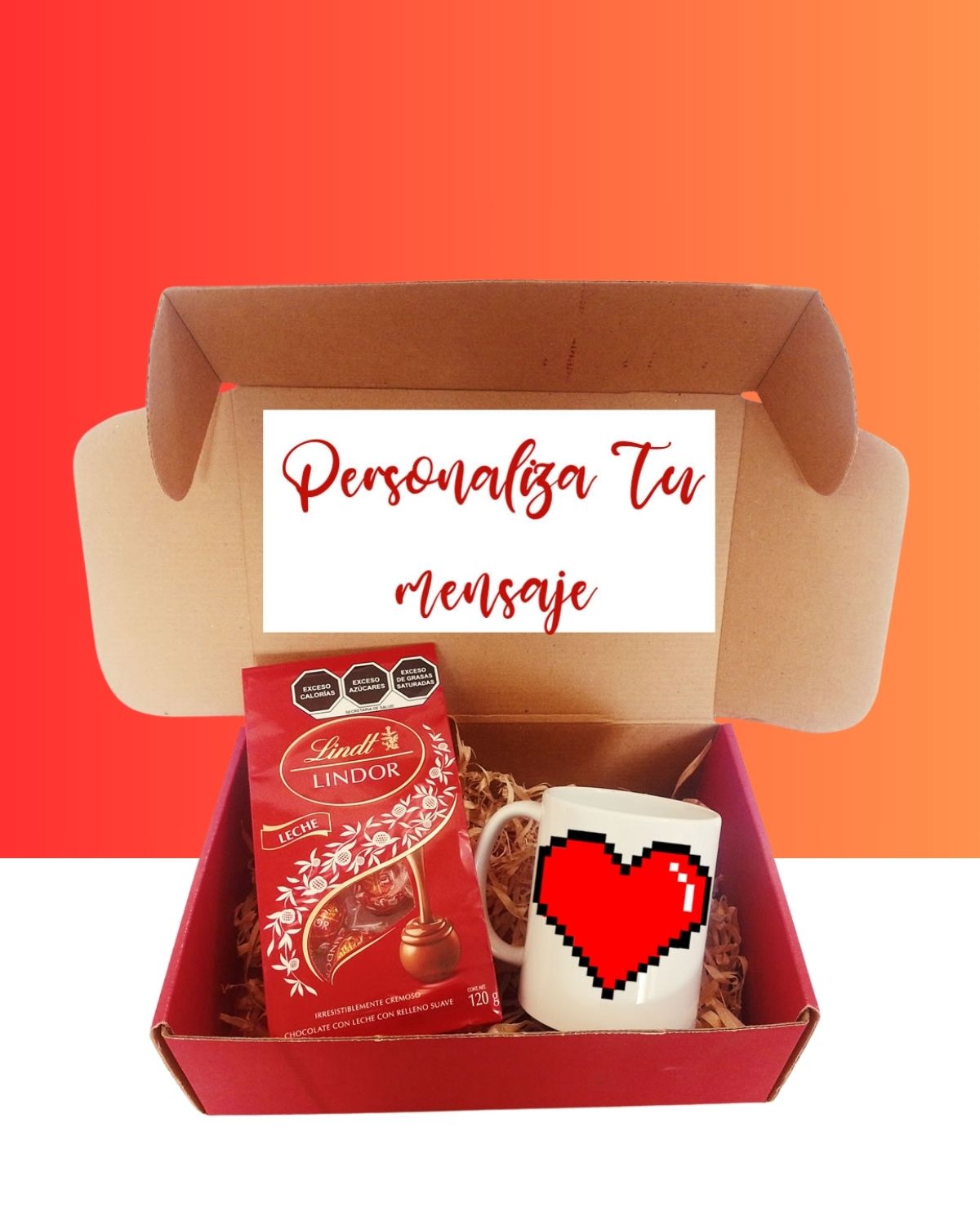 kit con taza pixel de corazon y chocolates lindor regalo para novios aniversario admirador secreto