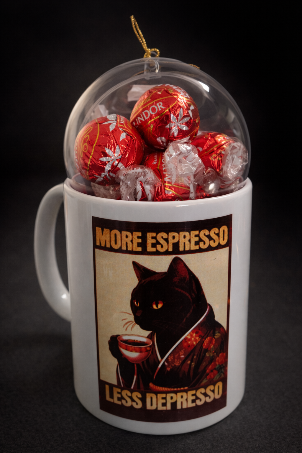 Taza More Espresso Less Depresso con Chocolates Lindor - Regalo para Amantes del Café