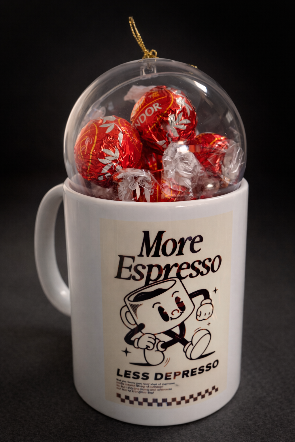 Taza More Espresso Less Depresso con Chocolates Lindor - Regalo para Amantes del Café