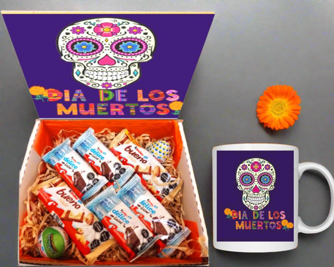 Box con chocolate kinder taza día de muertos 