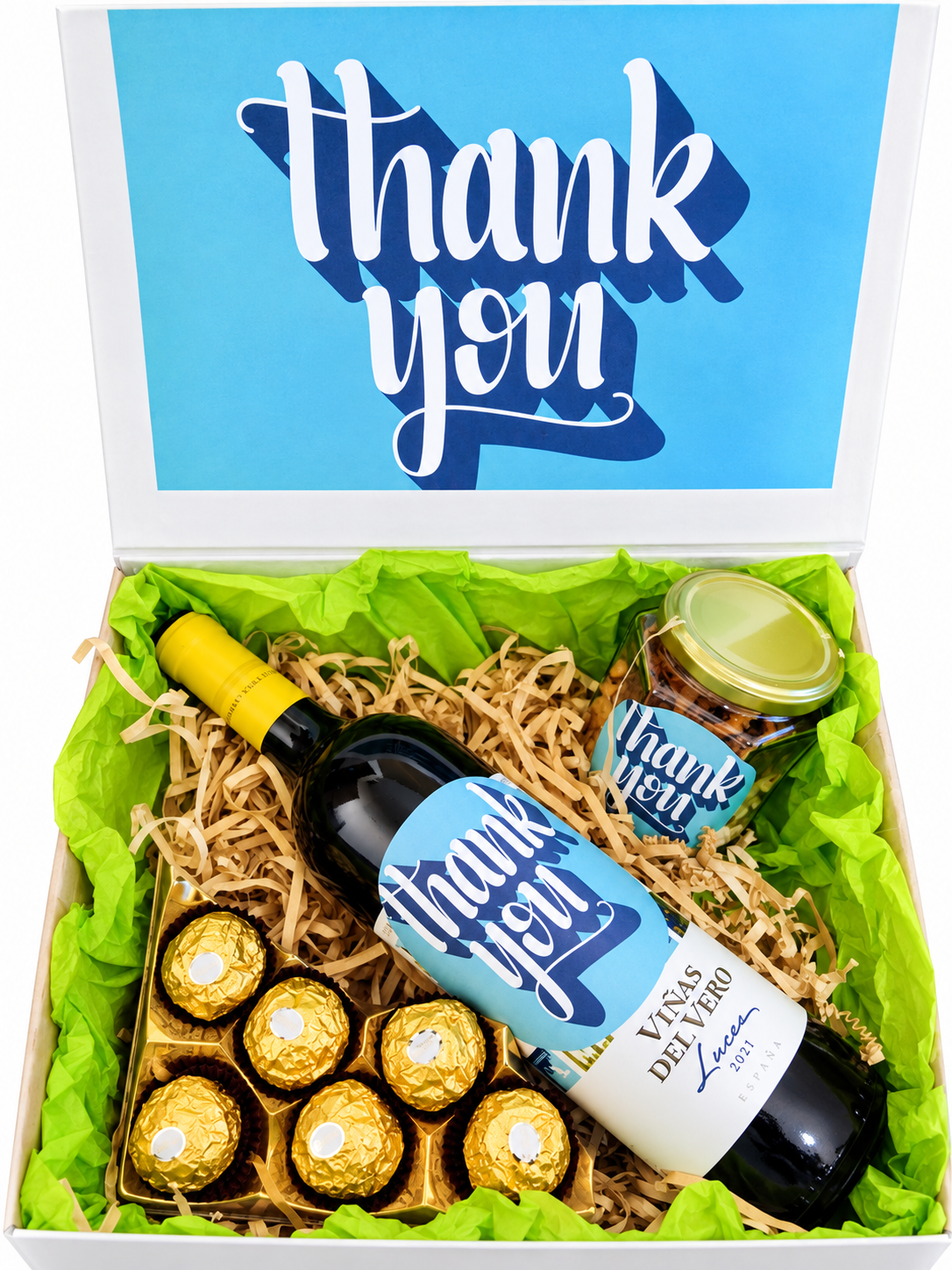 box agradecimiento con vino y chocolates