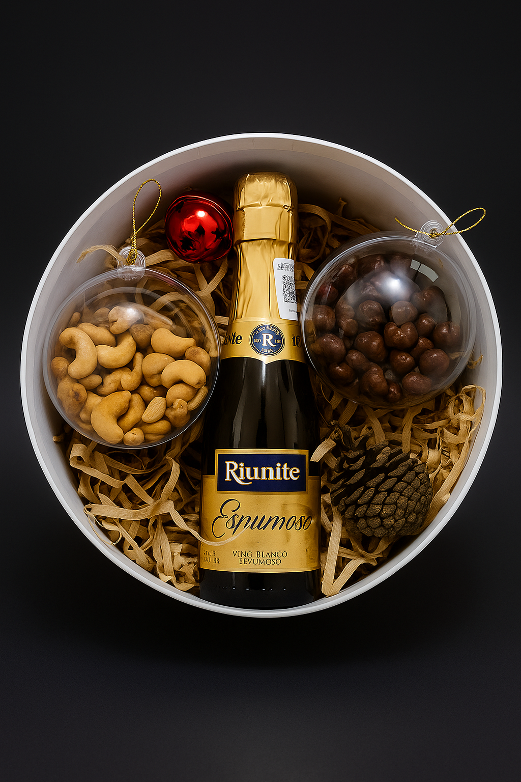 box con vino riunite nuez de la india y pasas con chocolate