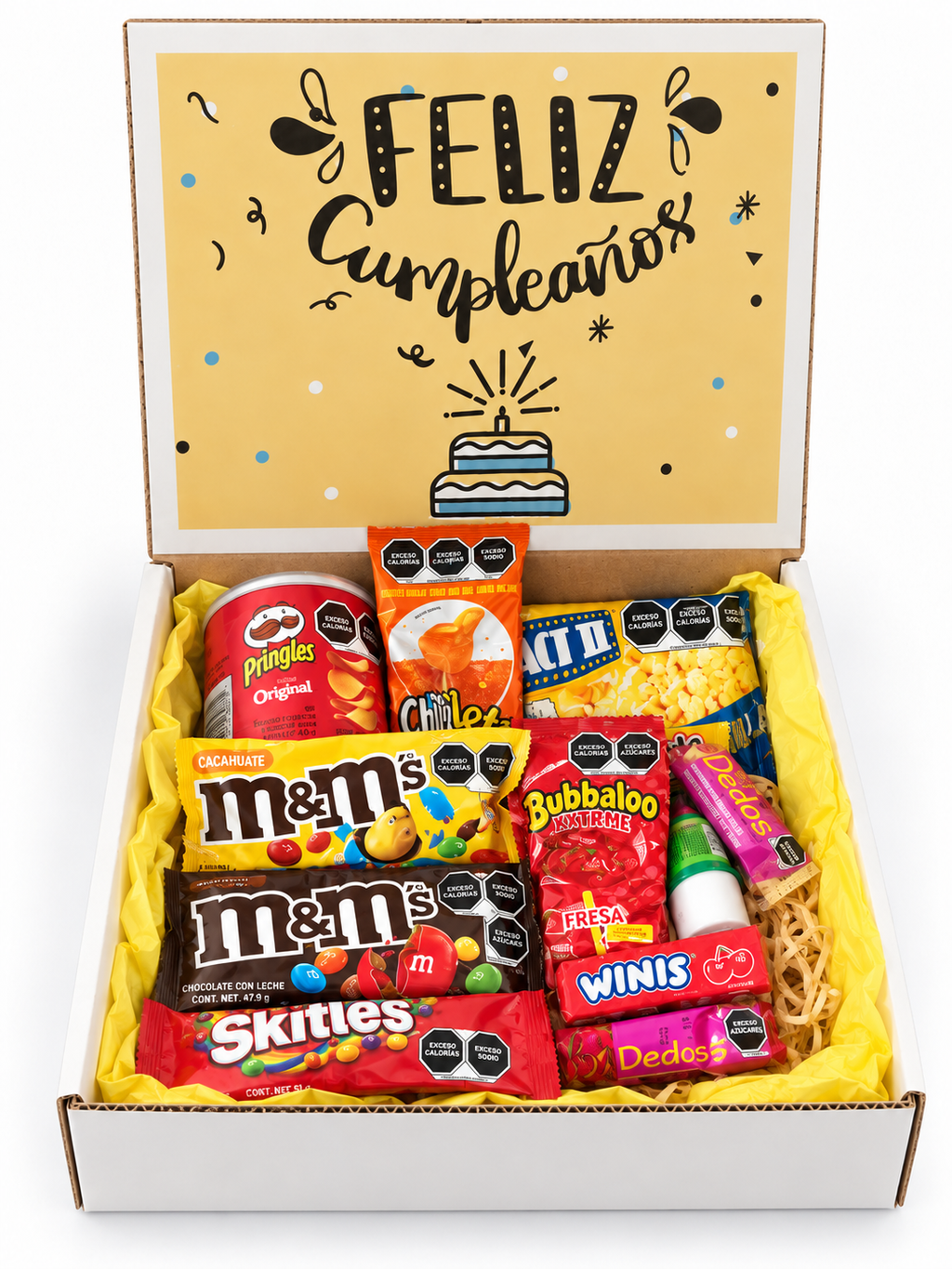 regalo con dulces y chocolates para cumpleaños pringles