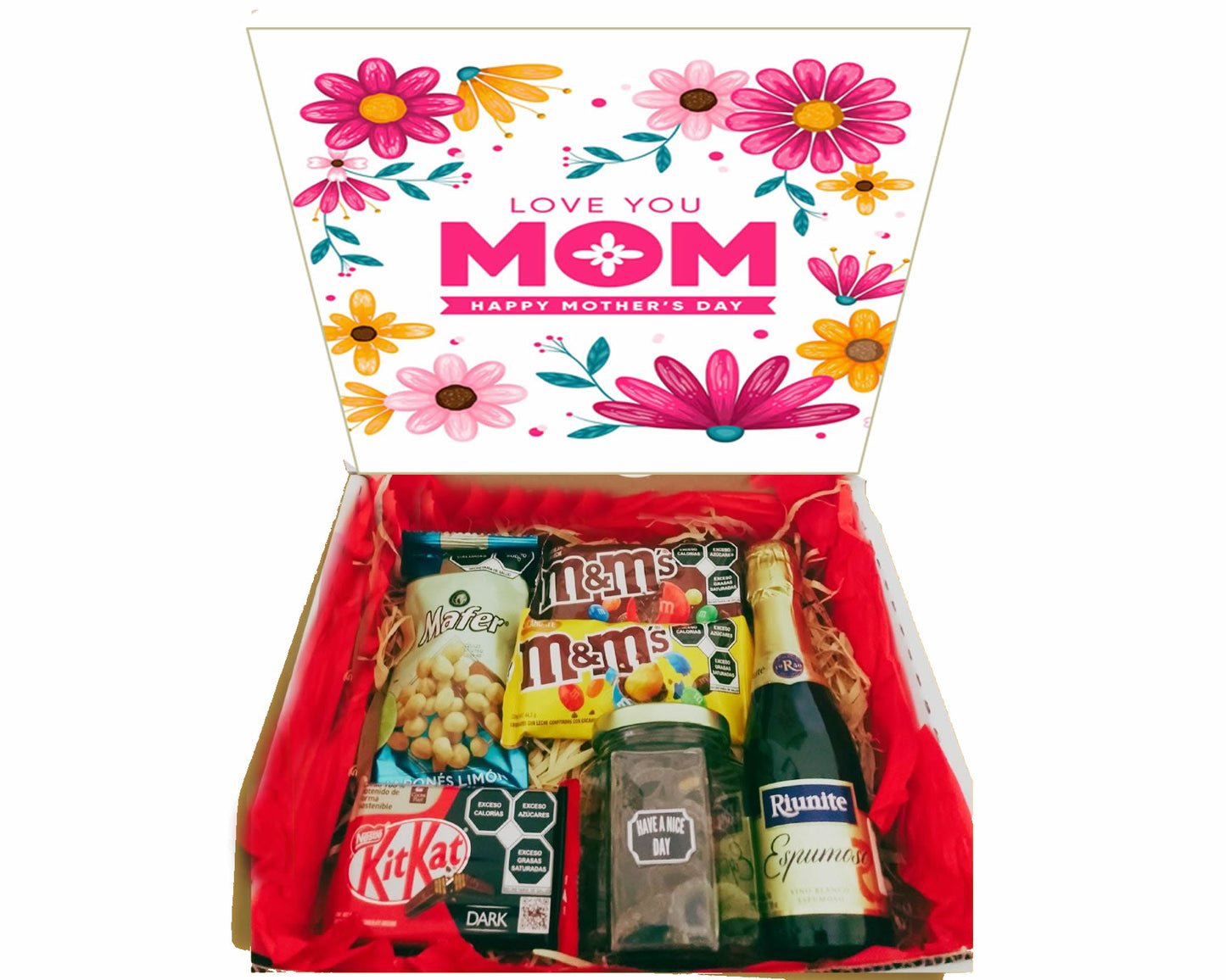 box mom con vino espumoso m&M pretzels, sorpresa regalo de dia de las madres