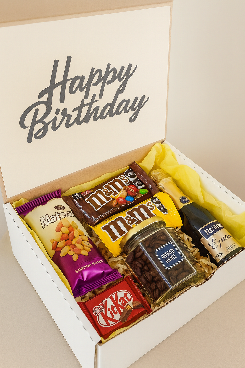 box con vino espumoso riunite pretzels y botanas y chocolates para regalo de cumpleaños regalo con vino espumoso pretzels y chocolates. Regalo corporativo 