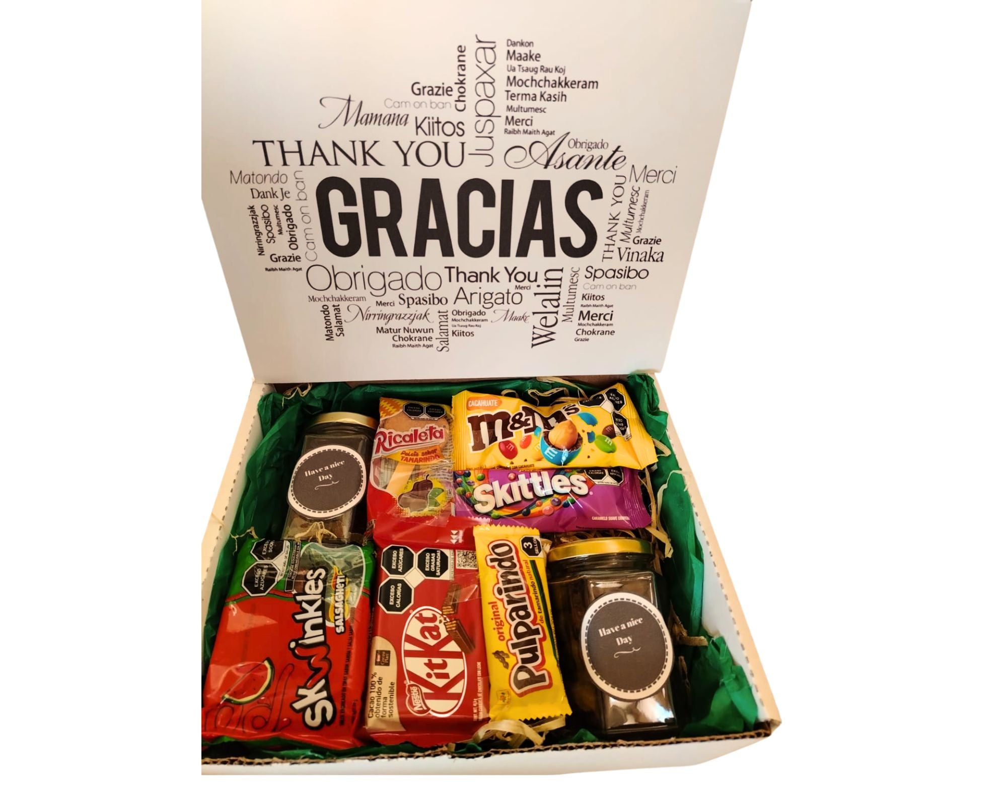 caja de dulces agradecmiento pulparindo m&M skittles gomitas y pasitas con chocolate