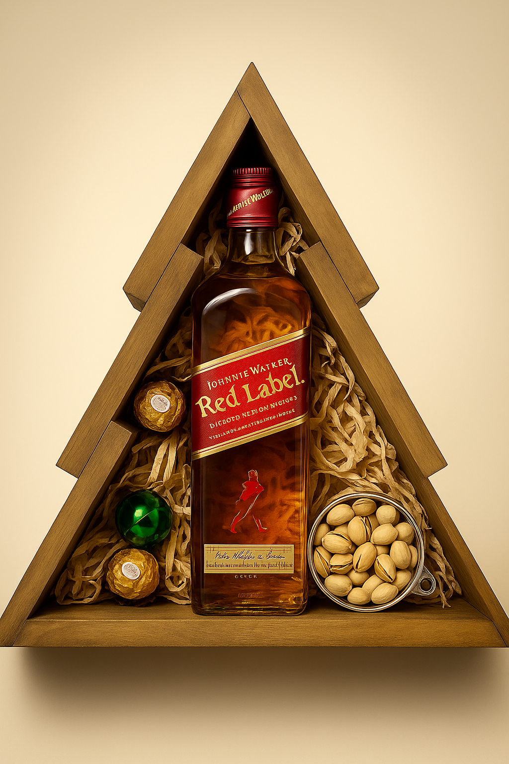 canasta navideña en forma de pino con johnie walker