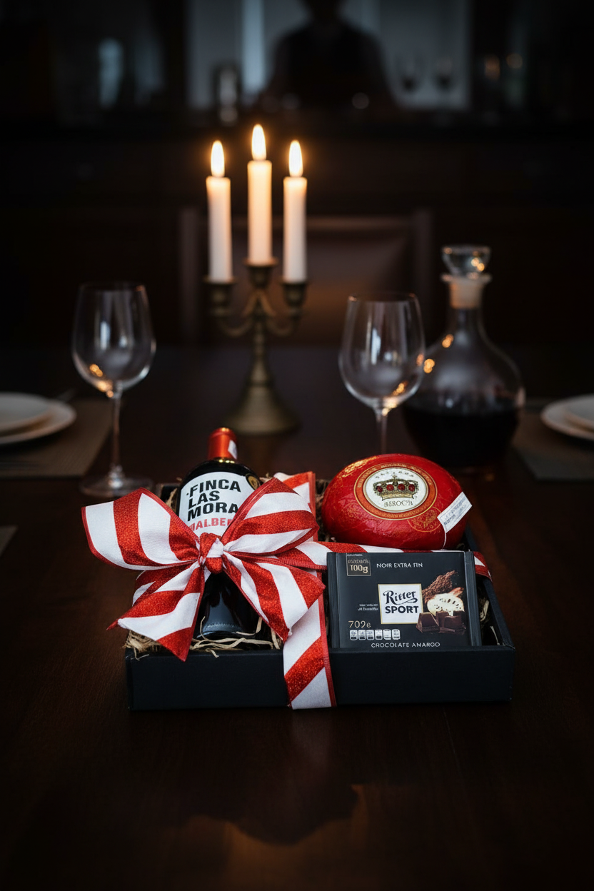 Lifestyle cena elegante Regalo Imperial con velas y copas de vino al fondo