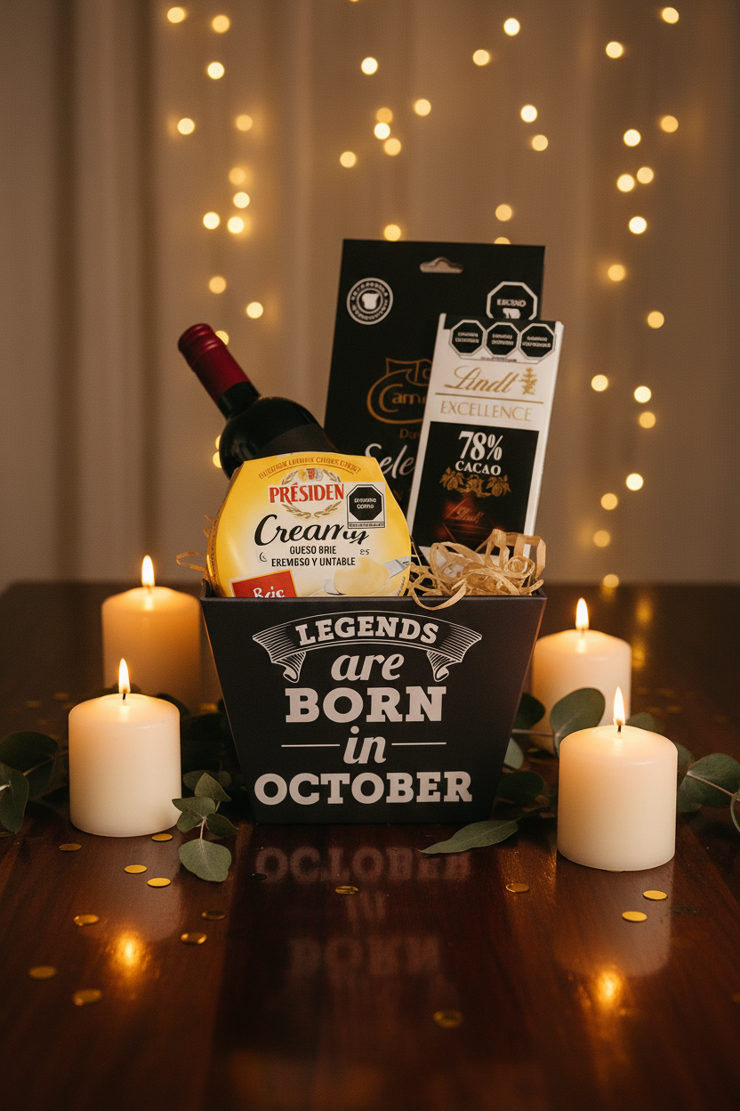 Lifestyle elegante caja regalo gourmet nacidos con velas y decoración premium