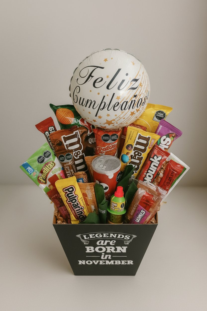 Close-up dulces bouquet caja negra Legends are Born con globo Feliz Cumpleaños