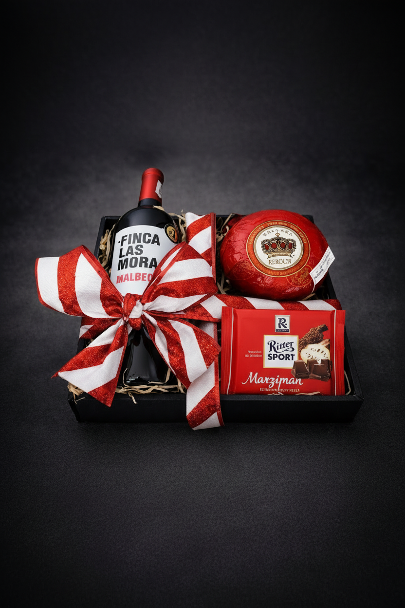 Close-up productos gourmet caja negra con vino Malbec, queso Rebocón y Ritter Sport