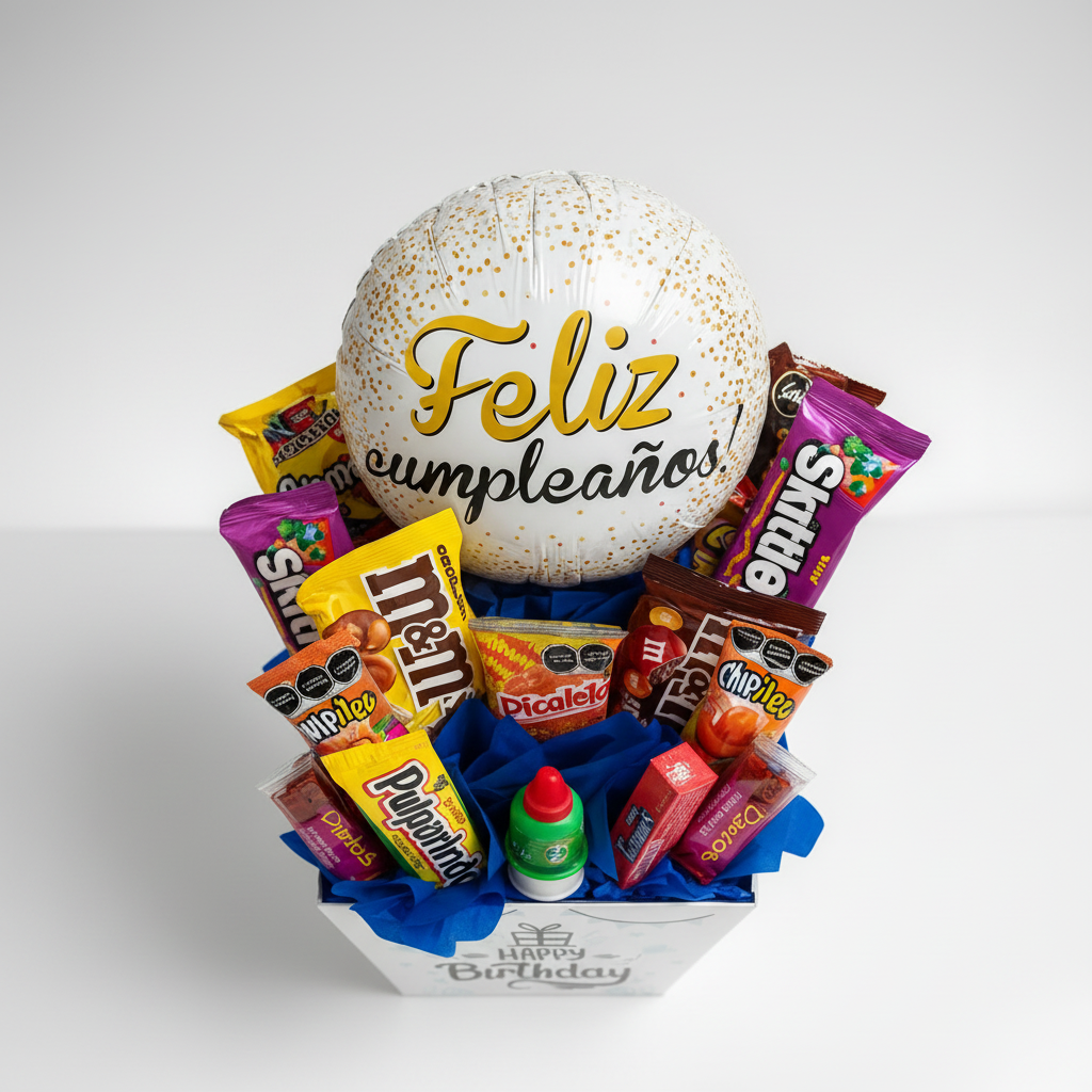 Flat lay top-down arreglo de dulces Happy Birthday con globo Feliz Cumpleaños