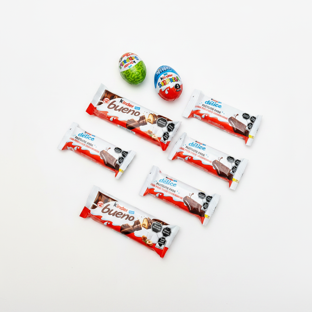 Flat lay top-down chocolates Kinder Bueno, Délice y Sorpresa sobre fondo blanco