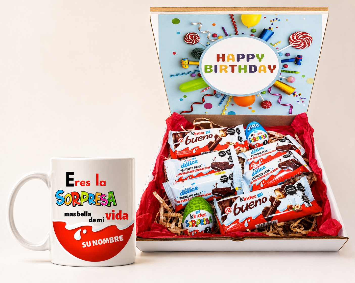 combo box con taza y chocolates kinder y huevito sorpresa / elige el motivo cumpleaños o amor 