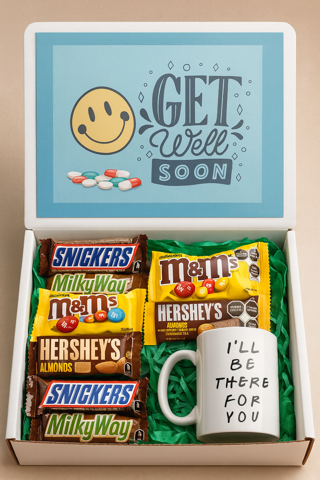 regalo con chocolates y taza recuperate pronto  snickers m&Ms hersheys milky way
