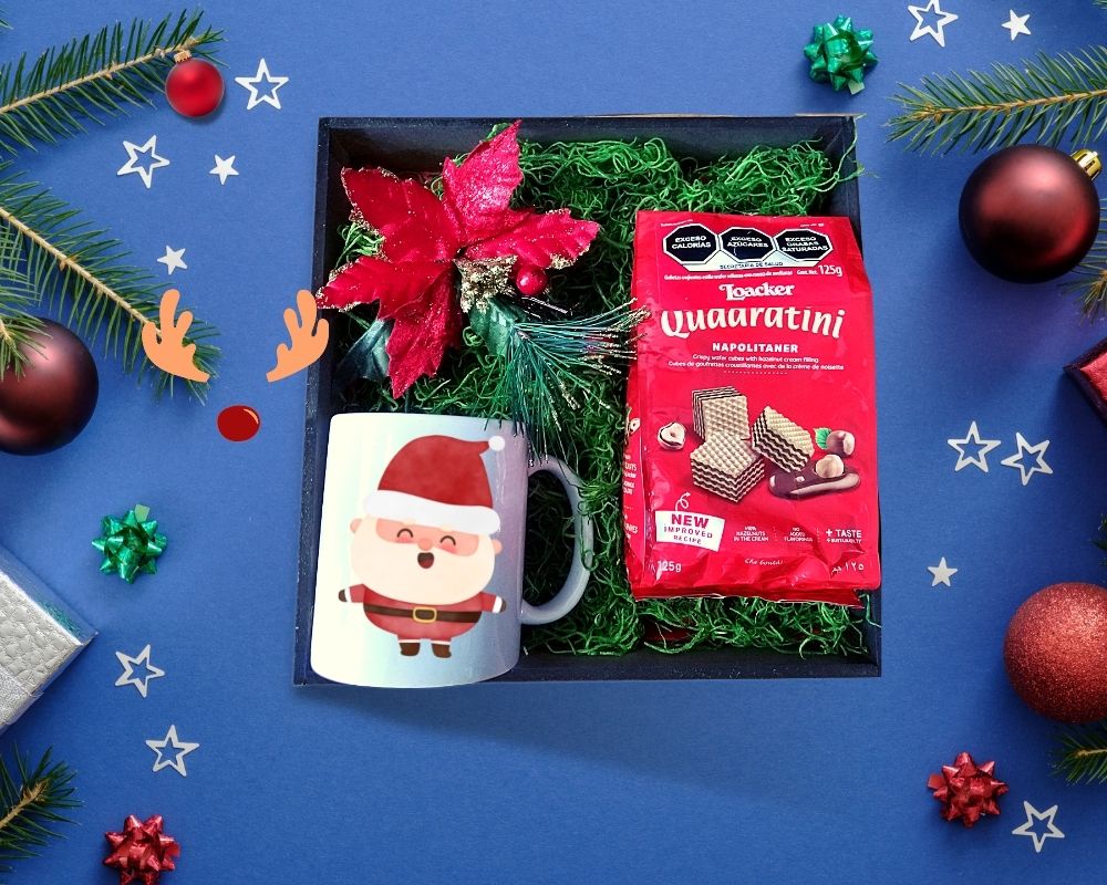 box con motivos navideños galletas importadas y taza 