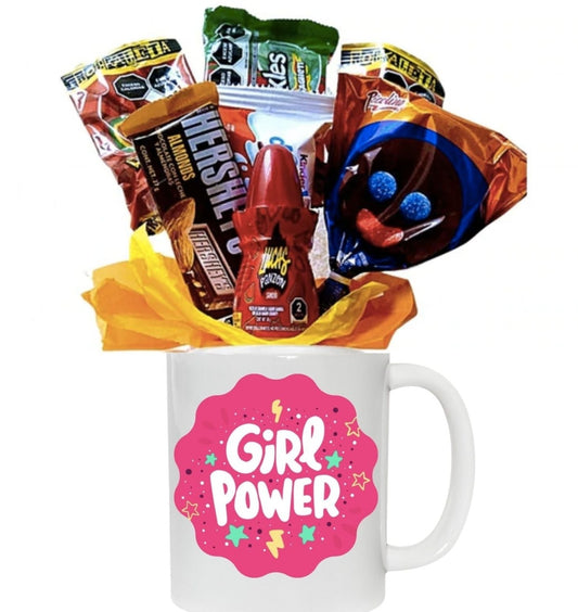 taza girl power con dulces y chocolates dia de la mujer