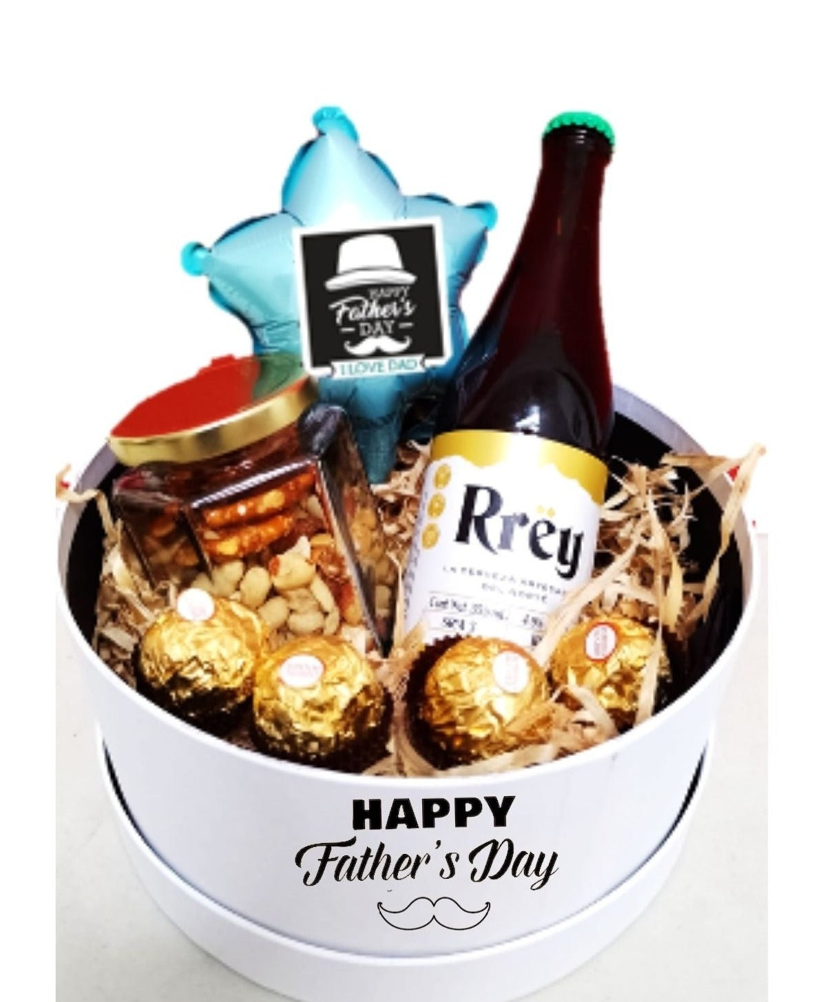 caja blanca con cerveza frasco botanas globo y chocolates feliz dia del padre