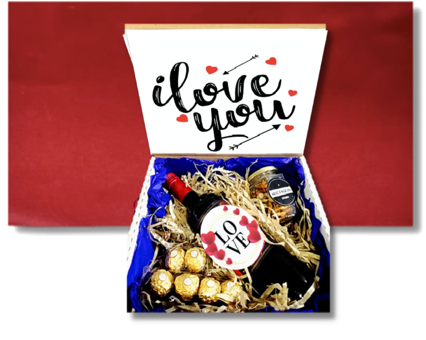 giftbox con vino chocolates y snack jar dia san valentin dia de los enamorados
