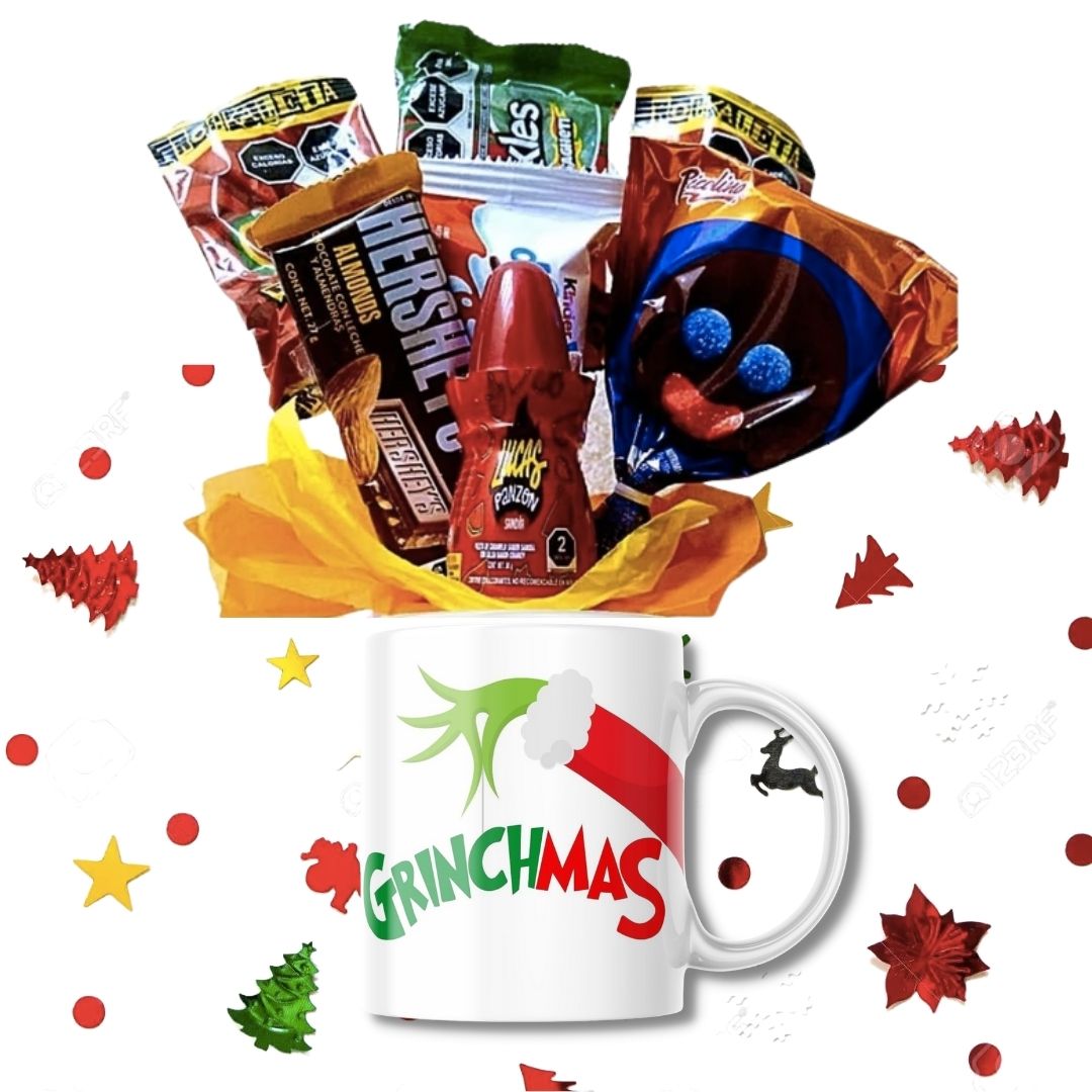 taza navideña grinch con dulcees para regalo de intercambio navideño