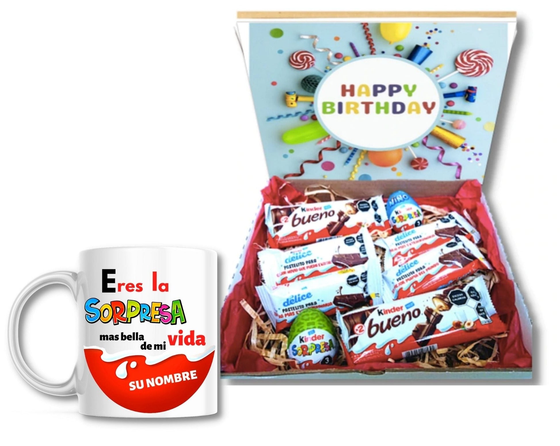 combo box con taza y chocolates kinder y huevito sorpresa / elige el motivo cumpleaños o amor 