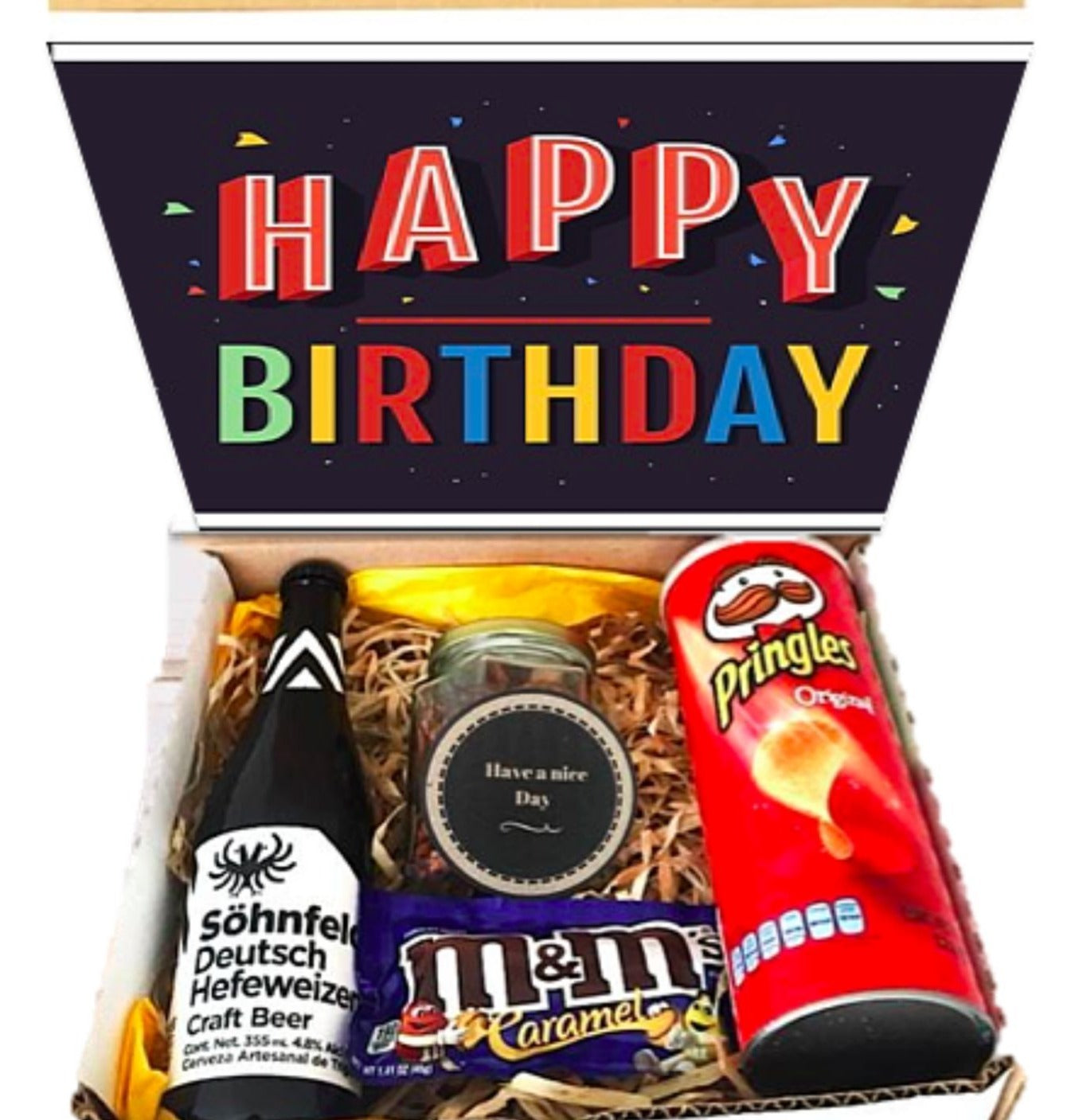 Happy brithday box cerveza  pringles m&ms