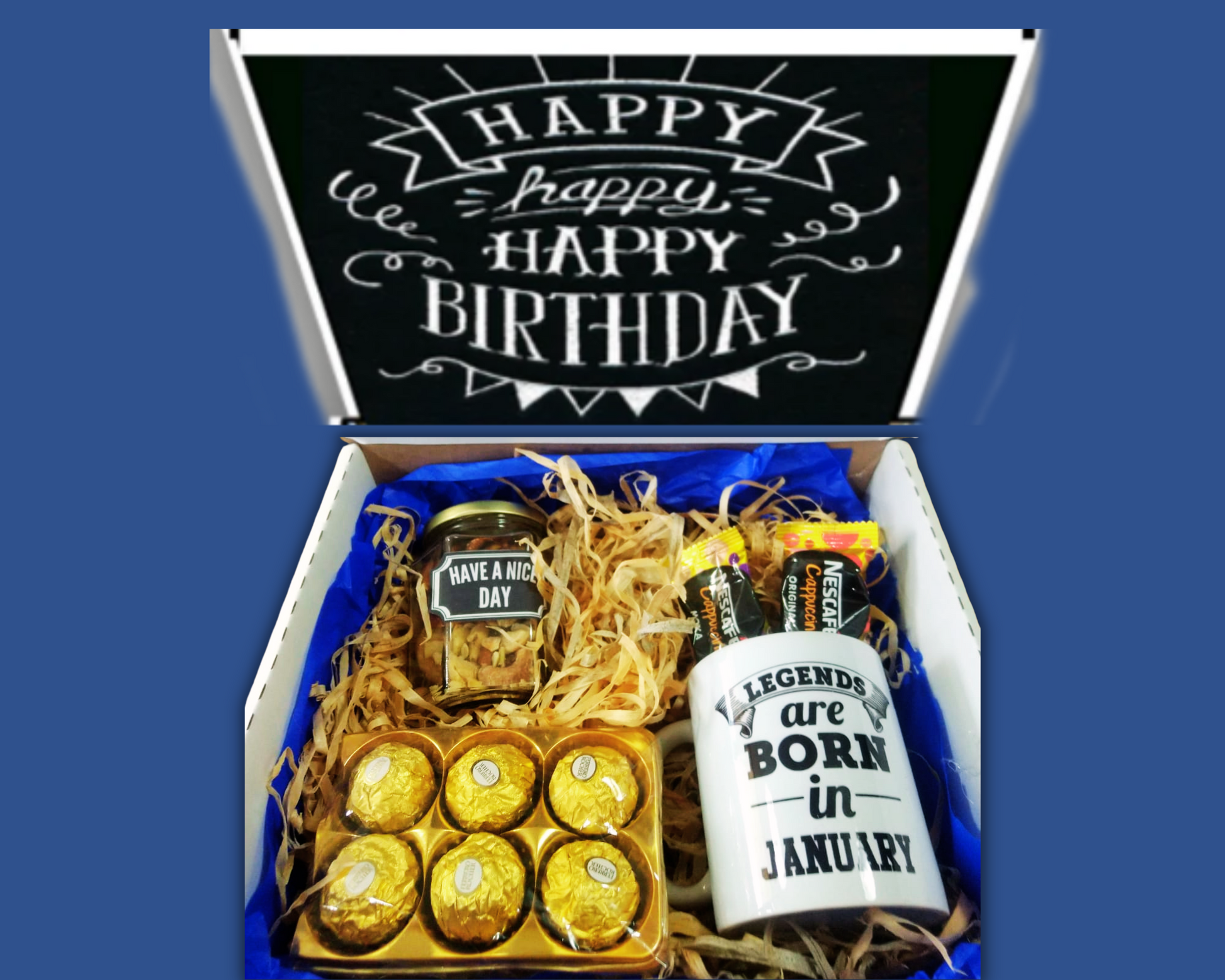 box taza personaliada con chocolates y frasco de botanas regalos de cumpleaños para hombre