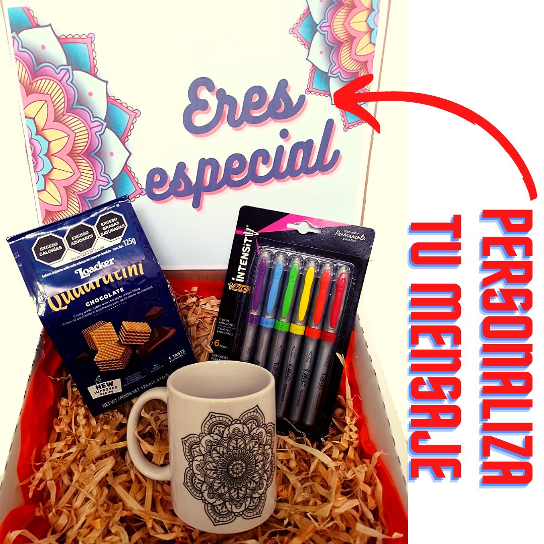 Personaliza tu caja taza con mandalas plumones y galletas loacker
